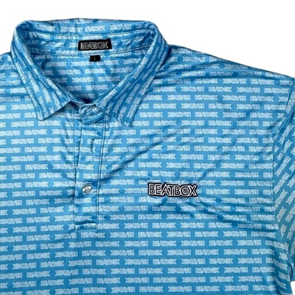 Beatbox Beverages Blue All Over Logo Print Performance Polo Shirt Mens Large